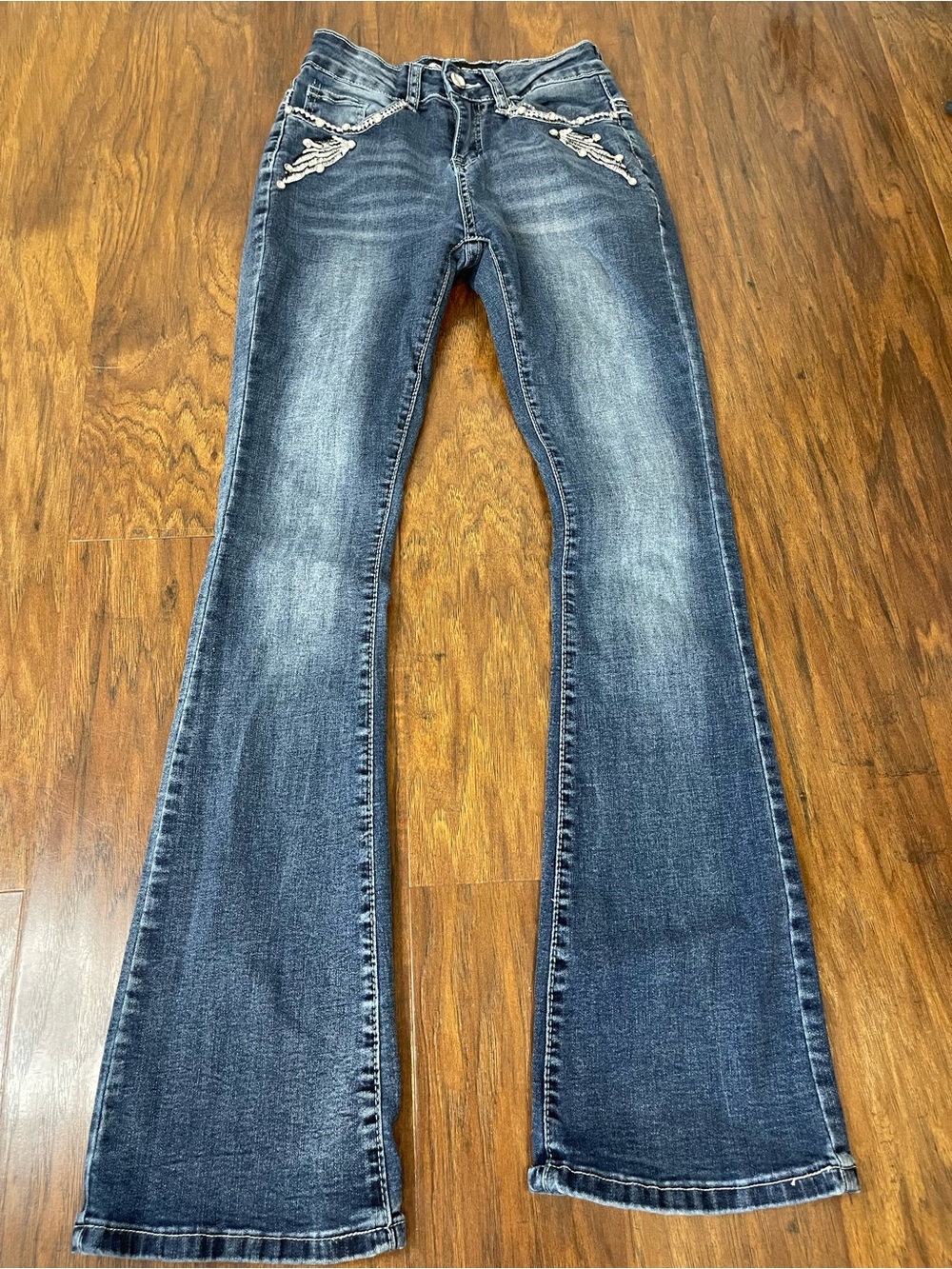 Sky Women's Boot Cut Jeans - Dark Blue with Embellished Skull Pocket - Picture 2 of 9